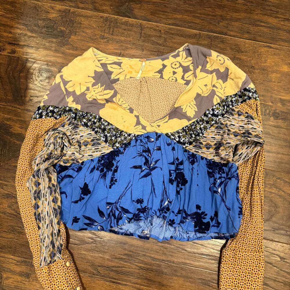 Free People Aloha State of Mind Patchwork Mixed Print V-Neck Floral Blouse